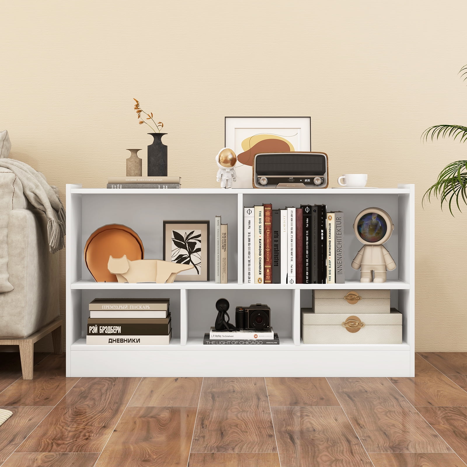 Costway 2-Tier Kids Bookcase with Spacious Top & Raised Base Toy Organizer with 5 Compartments Light White