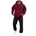 thumbnail image 3 of Men 2 Piece Outfit Men Solid-Color Casual Loose Pocket Drawstring Long Pants Sweatshirt Pullover Long Sleeve Hooded Set Wine S, 3 of 8