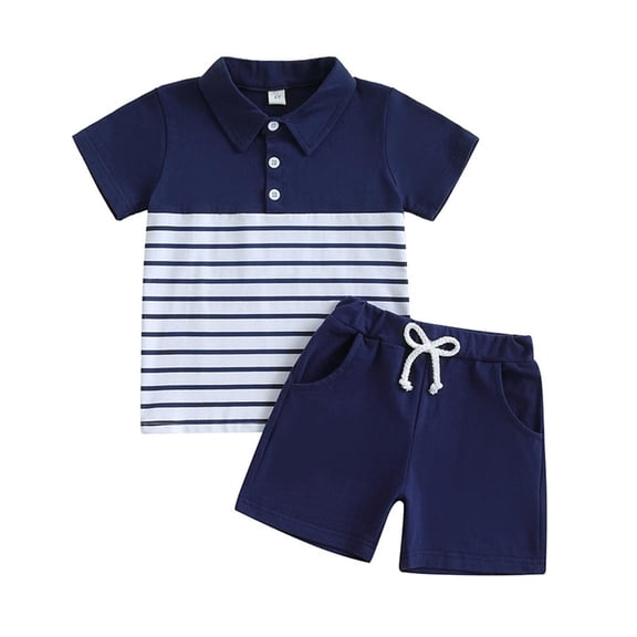 Kids Boy Outfits 2 Piece Set Blue Cotton Polo Shorts Set Color Block Soft Comfortable Clothes,Size 3 T