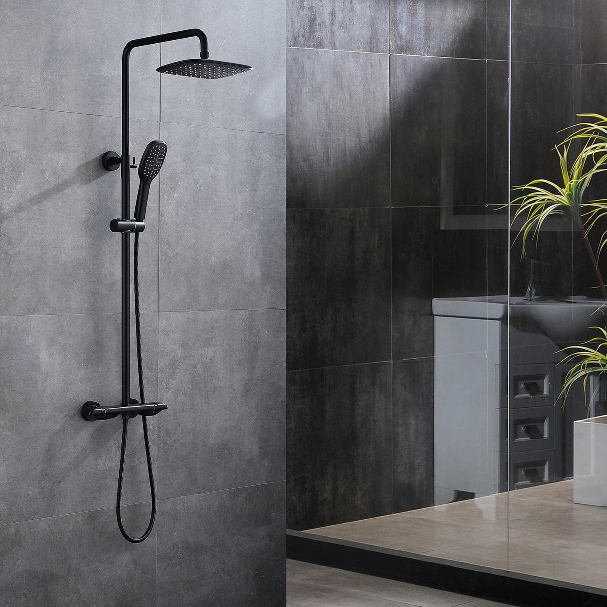 Exposed Shower System with Brass Thermostatic Shower Valve, Wall Mounted Shower Faucet Set with Height Adjustable Rain Shower Head and Handheld
