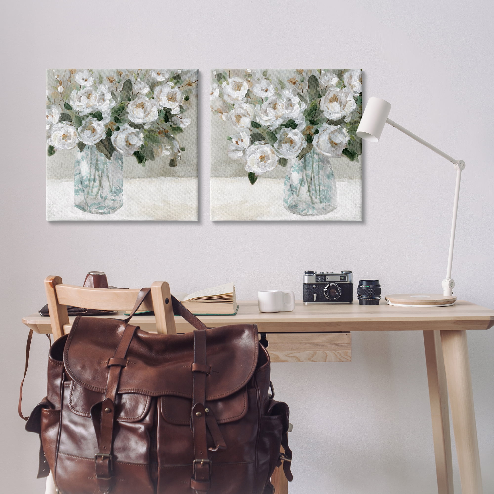 Stupell Industries Blooming White Rose Bouquets Plants & Flowers Painting Wrapped Canvas Art Print Wall Art, 24 x 24, Set of 2