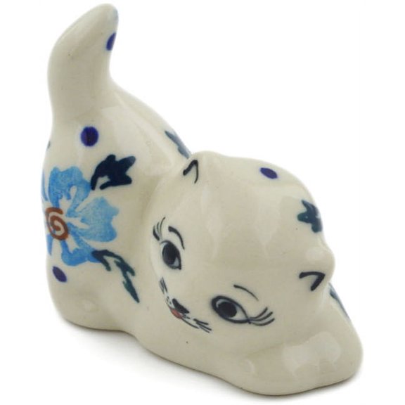 Polish Pottery 2½-inch Cat Figurine (Blue Cornflower Theme) Hand Painted in Boleslawiec, Poland Certificate of Authenticity