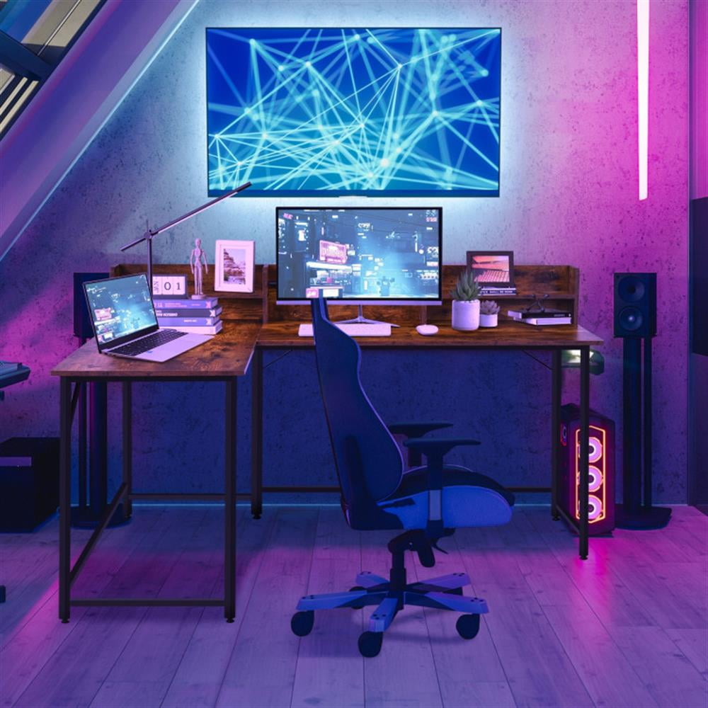 Demi Bonn 5.5" L-shaped Computer Desk with Bookshelf, Small Home Office Desk Study Writing Table, Brown