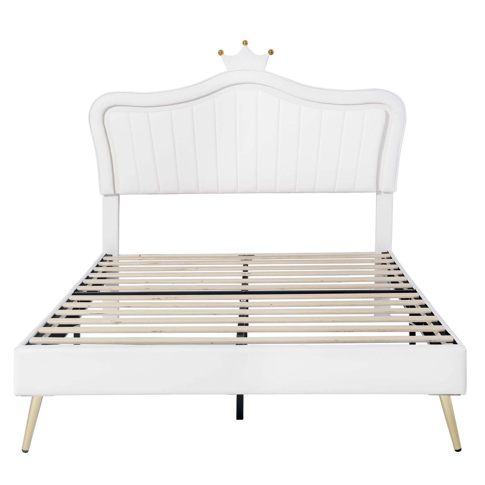 Aukfa Queen Upholstered Bed Frame with Crown Headboard and LED Lights, PU Princess Bed for Kids - White