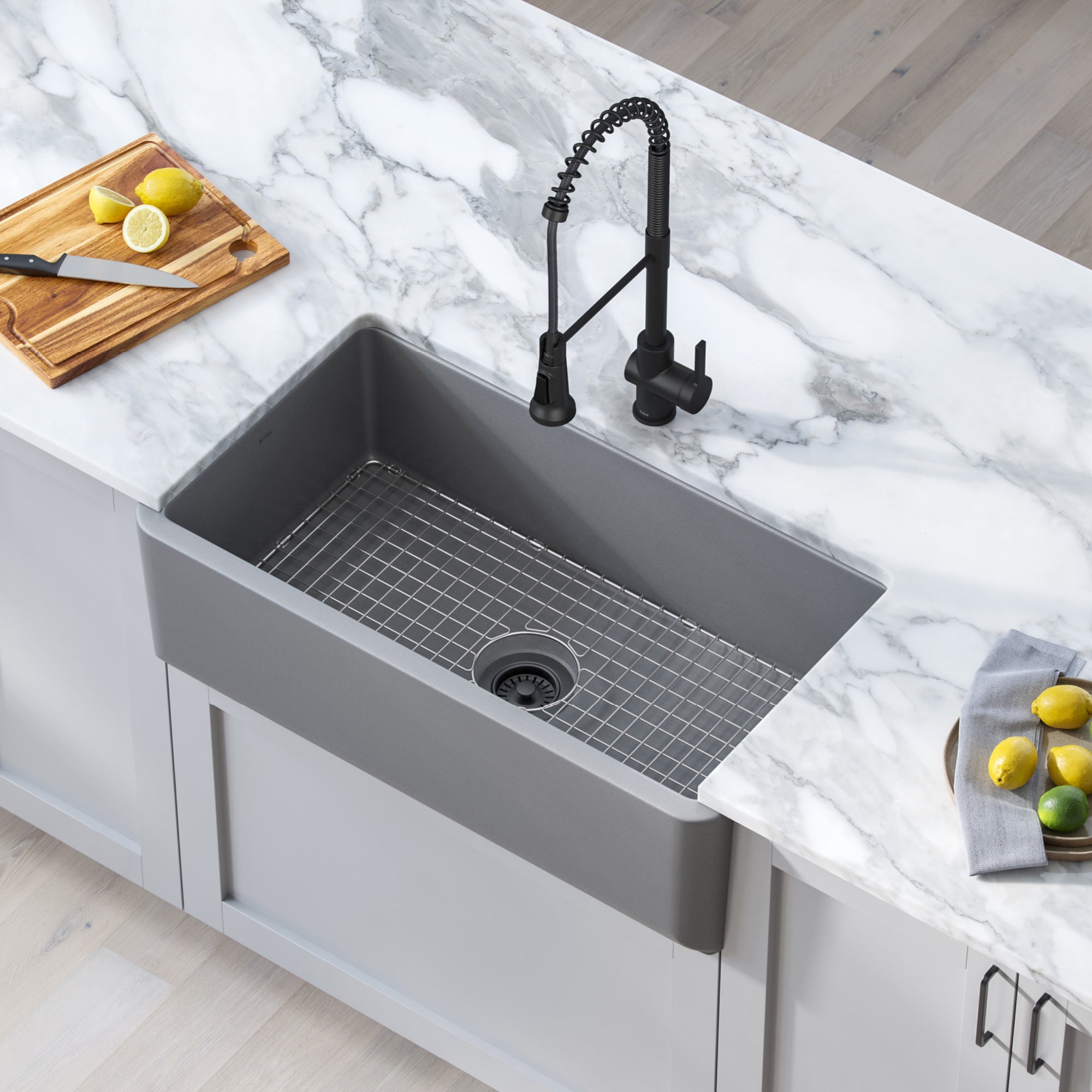 Kraus Turino 33 inch Farmhouse Reversible Apron Front Fireclay Single Bowl Kitchen Sink in Matte Grey