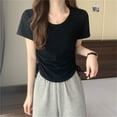 thumbnail image 6 of Short Sleeve Round Neck Casual Sports T-Shirt Side Ruched Drawstring Solid Color Fitted Crop Top Streetwear for Women, 6 of 17