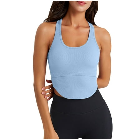 Bigersell Cropped Tank Tops for Women Wireless Sports Bras T-Back Workout Crop Tops with Built in Bras Comfort Soft Ribbed Padded Running Yoga Bra Athletic Tops Wire-Free Bras Light Blue S