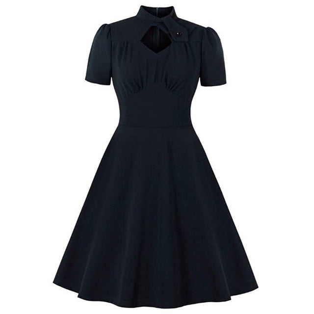 Bigersell Jolies Robes de Printemps pour Femmes, Manches Courtes, Col en V, Taille Haute, Robe à Boutons, Robes de Soirée, Robes Midi Régulières, Style 25673, Noir G