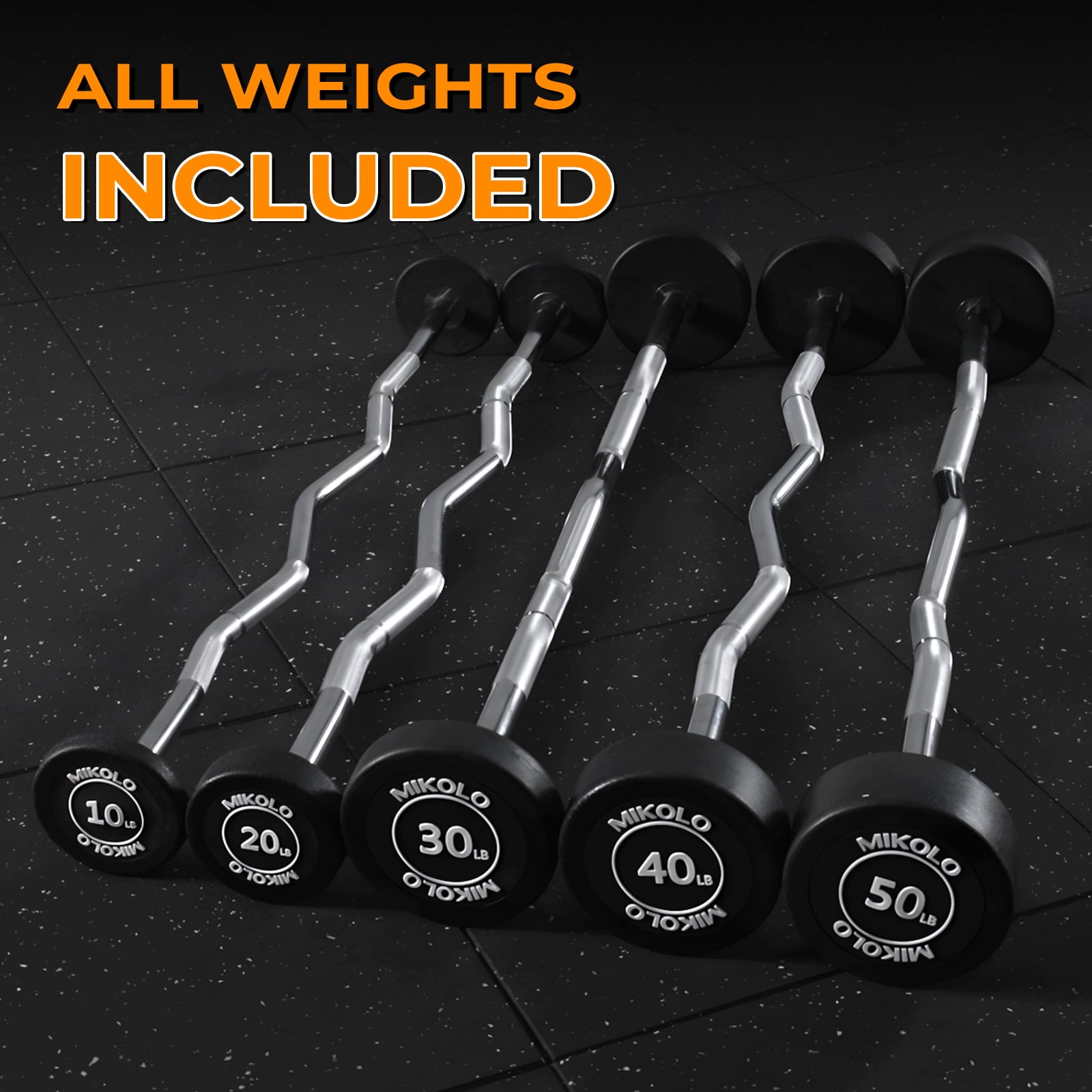 Mikolo Rubber Coated Fixed Weight EZ Curl Barbell, Pre-Loaded Weights EZ Curl Solid Steel Barbells, Weighted Bar for Weightlifting Exercise （10-50LBS）