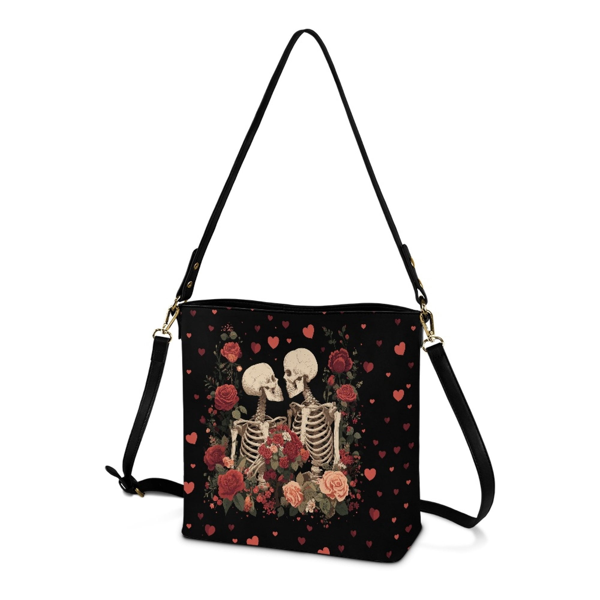 Kuiaobaty Skeleton Rose Print Bucket Bag for Women Lightweight Leather Shoulder Handbag with Adjustable Strap Roomy Casual Hobo Satchel Purse for Valentine's Day Black