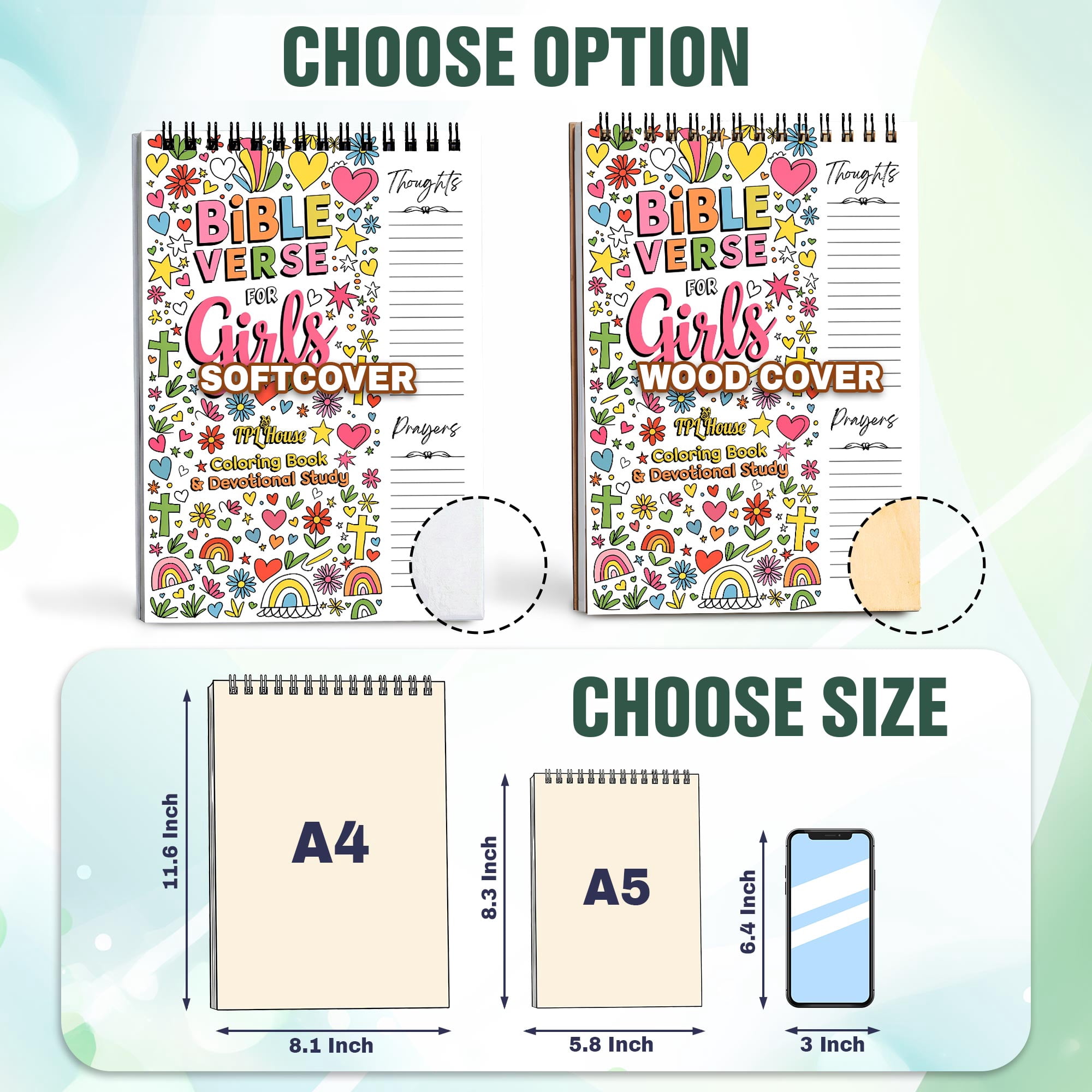 Bible Verse For Girls Coloring Book for Adults, 30 Minimalist Scripture Art Pages with Reflection & Prayer Space, Spiral Bound, A4 or A5 Softcover or Wood Cover