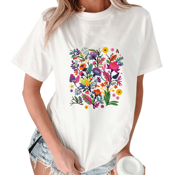 White Print Tshirt Graphic Tees Shirts Maximalist Botanical Art Spring Casual Wear S-5XL Tops