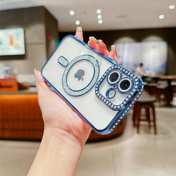 Glitter Bling Case for Apple iPhone 16, Diamond Clear Back Cover with Camera Lens Protector Compatible with Magsafe Shockproof Full Body Protective Phone Case for iPhone 16, Blue