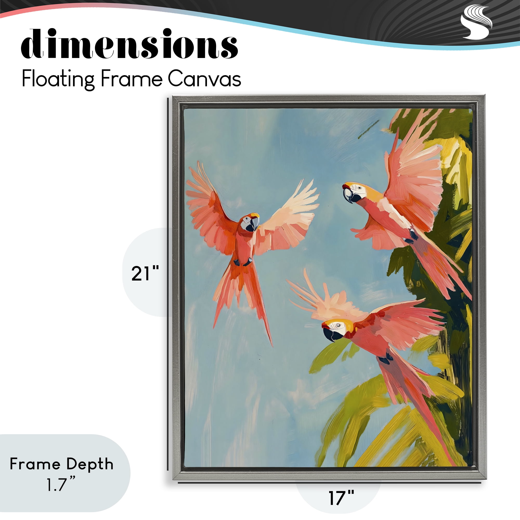 Stupell Industries Botanical Parrots in Flight Gray Framed Floater Canvas Wall Art, design by The Prints Vibe