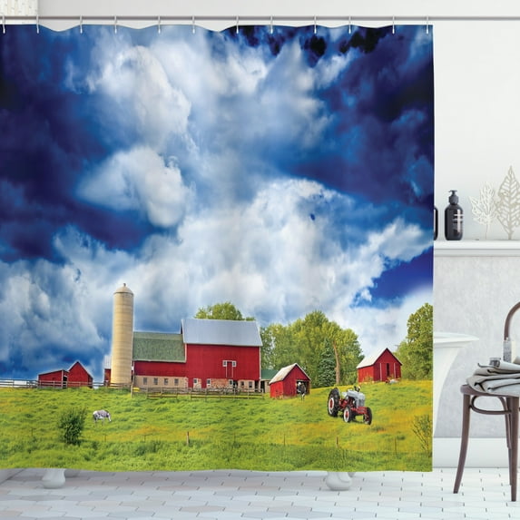 Ambesonne Country Shower Curtain, Warehouse Barn Scenery, 69"Wx84"L, Apple Green White