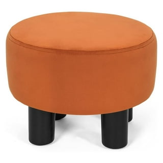 Round Ottoman Foot Rest Stool, Small Fabric Footstool with Non-Skid Wood Legs, Beige Corrigan Studio