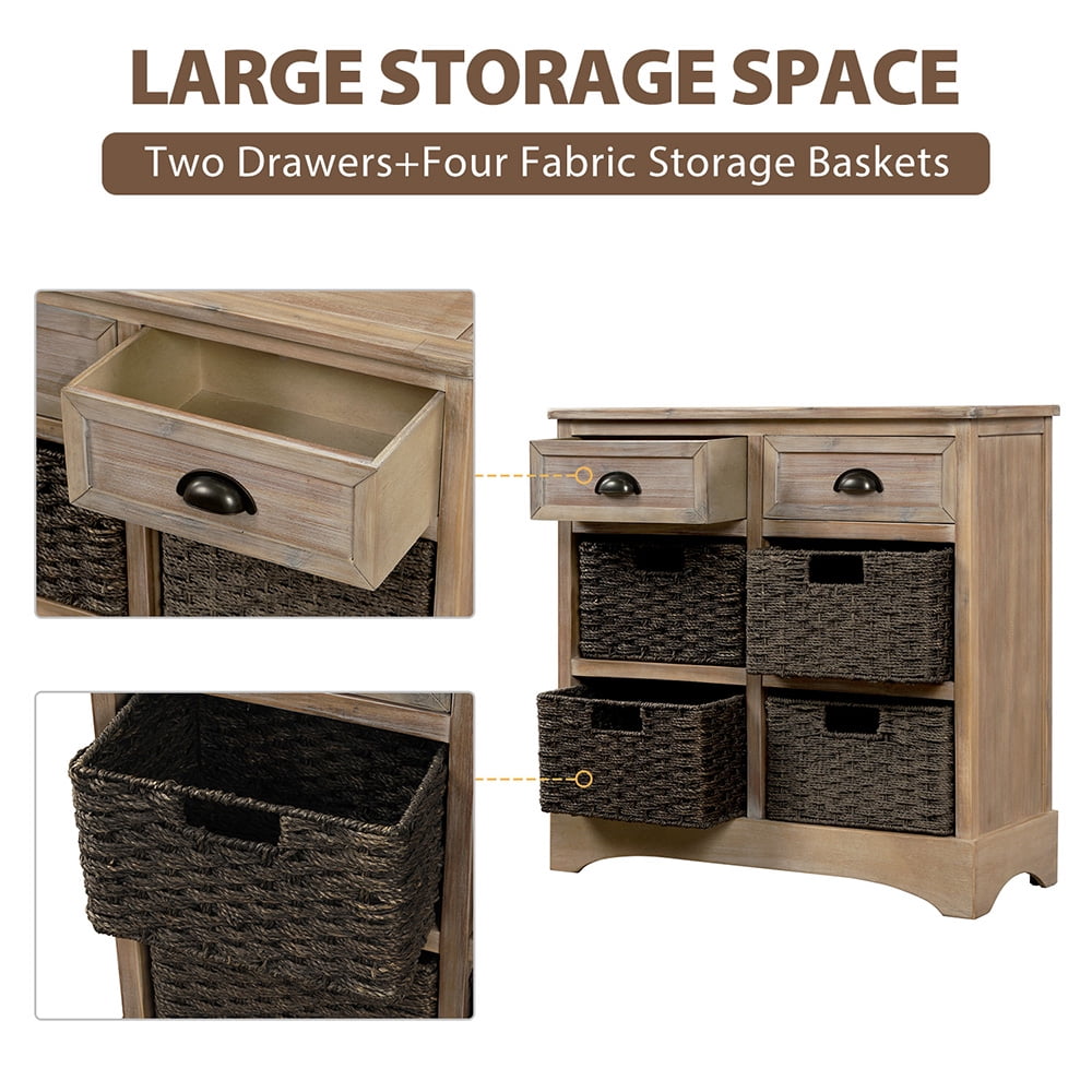 Kepooman Rustic Wooden Storage Cabinet with 2 Drawers & 4 Fabric Basket for Dining Room Entryway, 28"L x 11.8"W x 28"H, White Washed Kepooman Rustic Wooden Storage Cabinet with 2 Drawers & 4 Fabric Basket for Dining Room Entryway, 28"L x 11.8"W x 28"H, White Washed