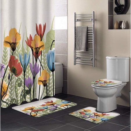 ZHANZZK Floral 4 Piece Bathroom Set Shower Curtain Bath Rug Contour Mat and Toilet Lid Cover
