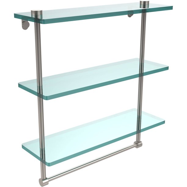 16in Triple Tiered Glass Shelf with Integrated Towel Bar in Satin Nickel