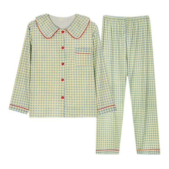 XUNKUSGA Pajama Sets for Women 2 Piece Casual Loose Cute Collar Button Down Long Sleeve Tops with Womens Pajama Pants Set Fashion Plaid Pjs Sets for Women M-2XL Green