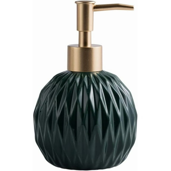 Ceramics Gold Soap Dispenser for Bathroom, Round Soap Dispenser with Delicate Embossed Rhombus Design (Black)