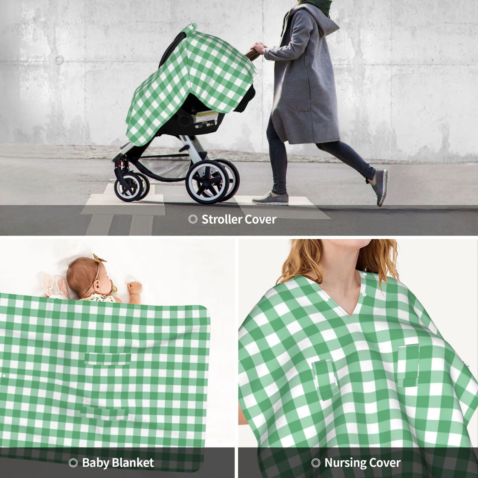 Car Seat Cover Baby - Gingham White green plaids checkered Breathable Infant Car Seat Cover for Baby Carseat, Lightweight Comfort Baby Essentials Must Haves Newborn Stuff for Girl Boy