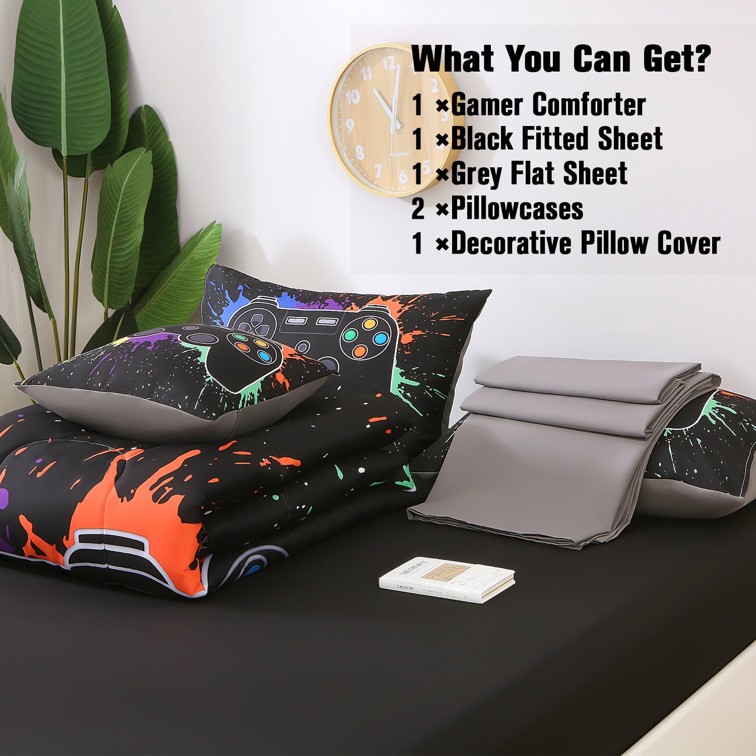 OKKEEY Boy Full Gaming Comforter Sets, 6 Pcs Video Gamer Bed in a Bag for Kids Teens, Ps5 Xbox Bedding Set Children's Room Decor Gift, Soft Microfiber Black Graffiti Game Bed for All Season