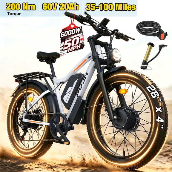 PUJH Electric Motor Bike 6000W Dual Hub 60V 20Ah 50 MPH 35 100 Mile 200Nm 40 Degree Climb 26 inch Fat Tire Full Suspension Hydraulic Brake for Adults