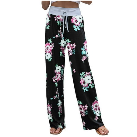 

Dadaria Boho Pants for Women Summer Ladys High Waist Loose Pants Comfy Stretch Printing Wide Leg Pants Black M Female