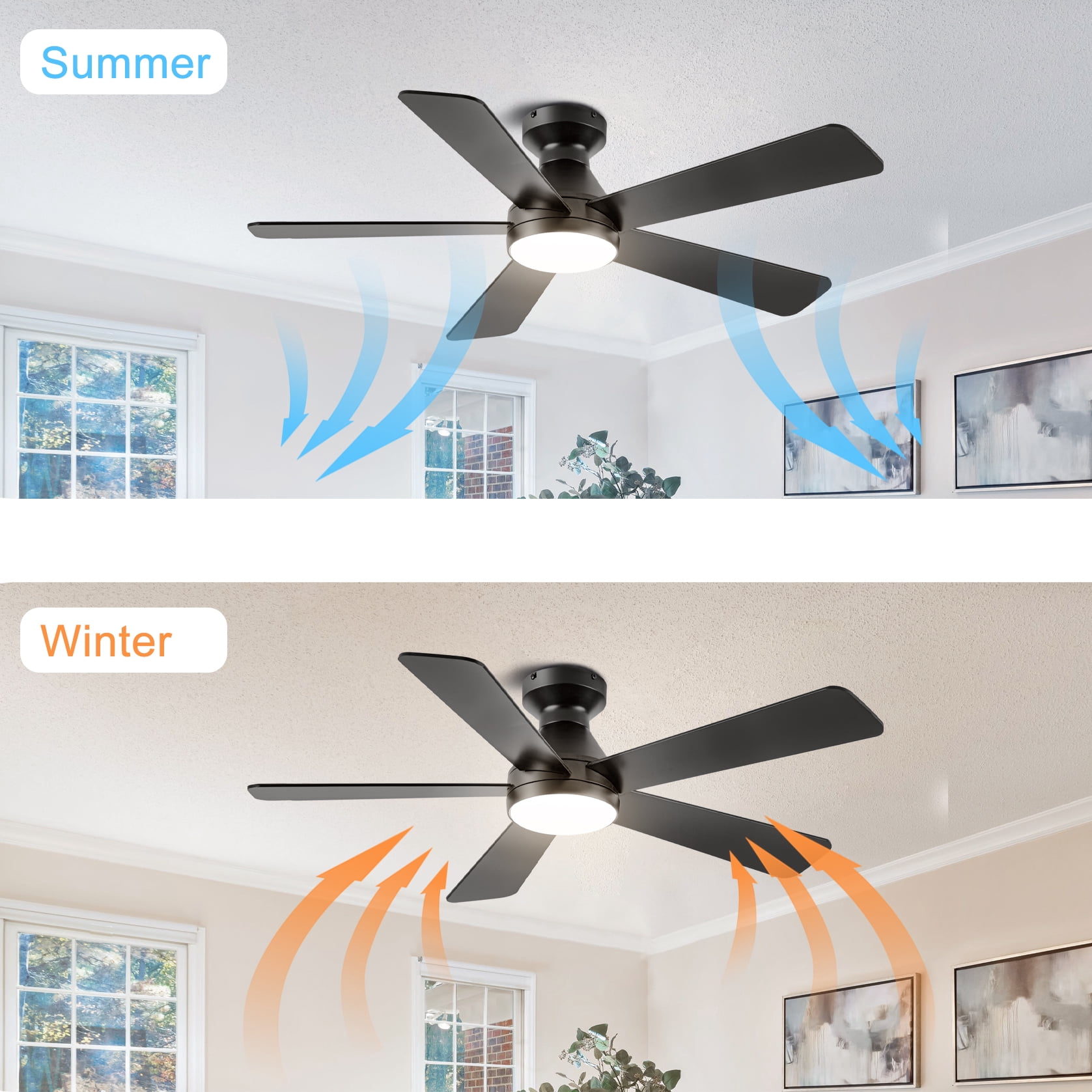 Mintazer 52 in Low Profile Ceiling Fan with Dimmable LED Light & Remote Control, Modern Ceiling Fan with Noiseless for Bedroom Living Room, Black