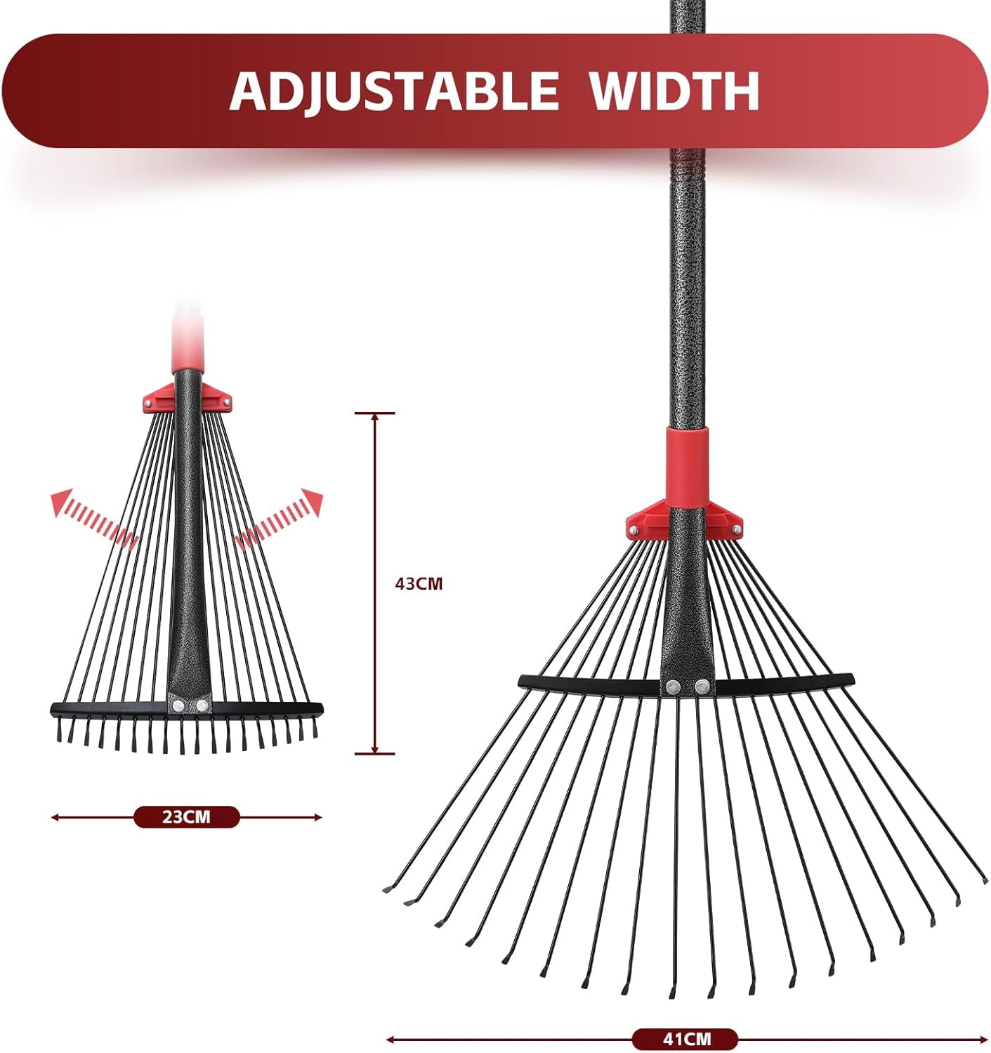 AEASKIEY Adjustable Leaf Rake with Expandable Head 8-17'', 60'' Long Handle Garden Rakes for Lawns, Heavy Duty for Gardening RV Camping, Red