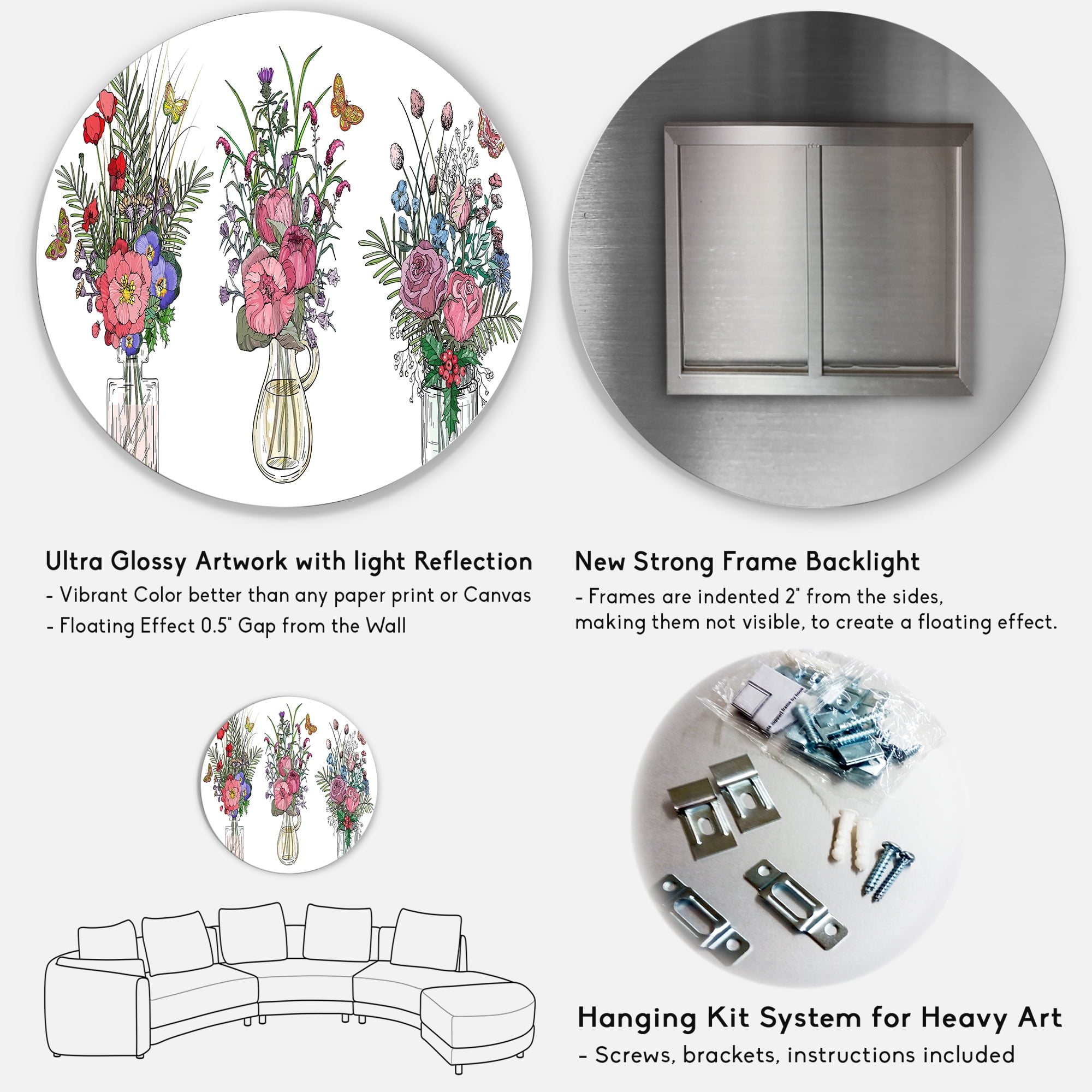 Designart 'Transparent Vases With Bouquets of Wildflowers II' Farmhouse Circle Metal Wall Art 23x23 - Disc of 23