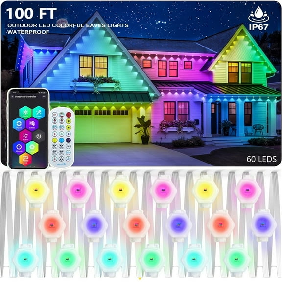 ASTRAEA Permanent Outdoor Lights, 100FT RGB Color Changing Smart Eave Lights with 60 LED Lights, IP67 Waterproof for House Holiday Party Decor, White