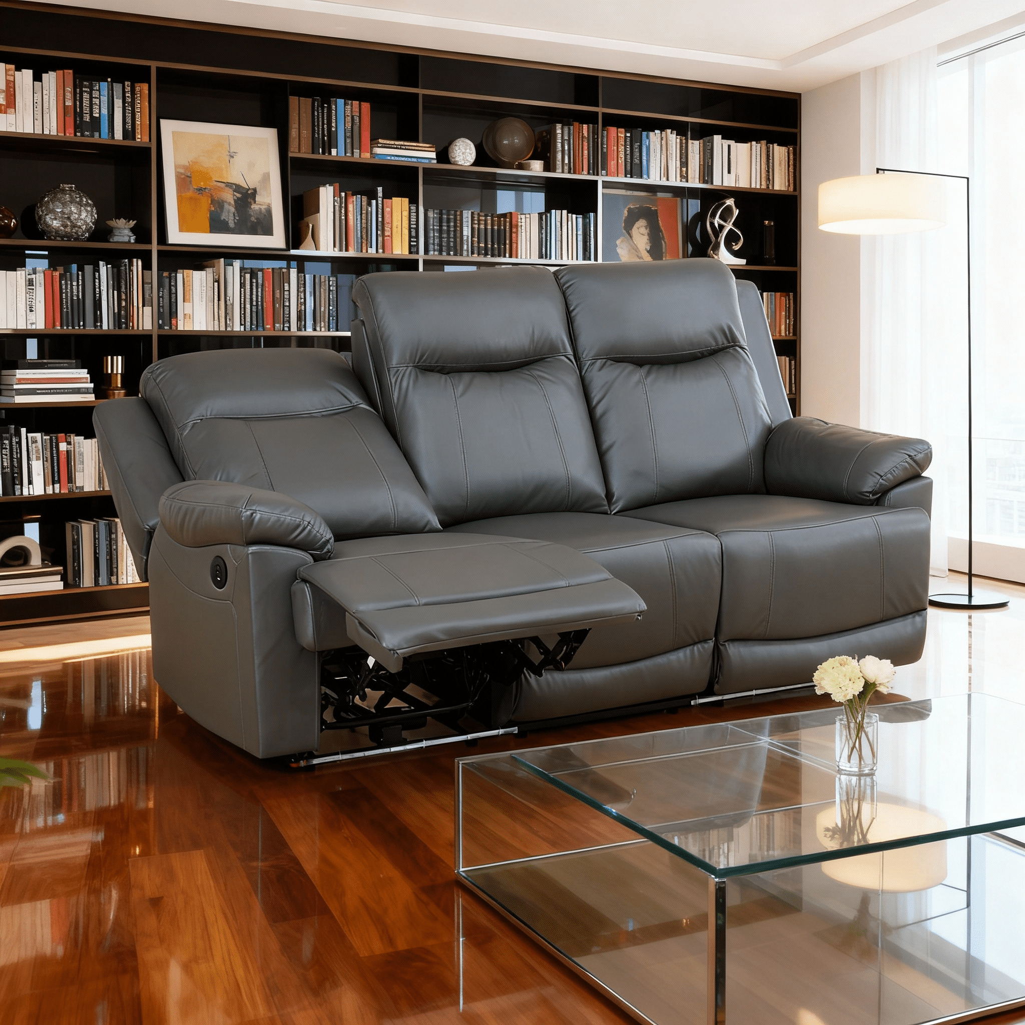 Gewnee Silver Gray 3-Seater Sofa with Console & Cup Holders, Air Leather & High-Elastic Sponge, Adjustable Recline, Perfect for Living Rooms（Power Recliner）
