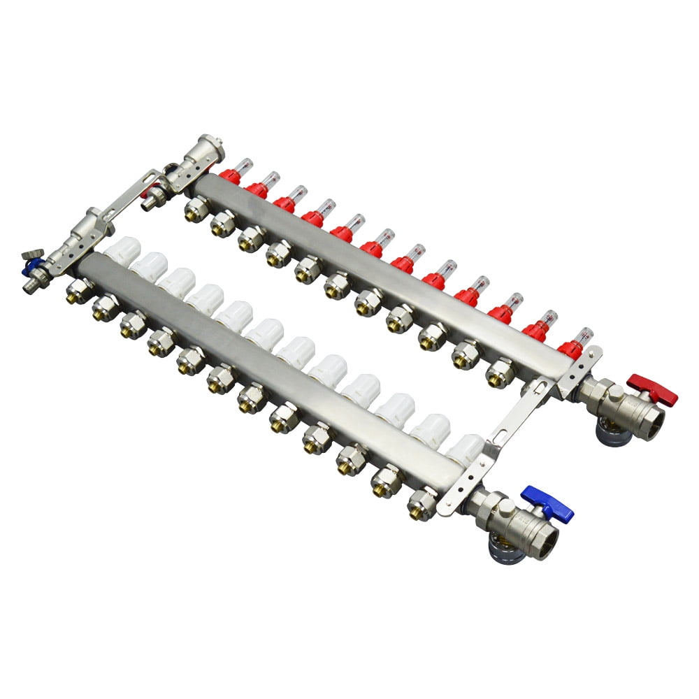 INTSUPERMAI Floor Heating Water Distributor PEX Radiant Floor Heating Manifold Set Stainless Steel (12-Branch)