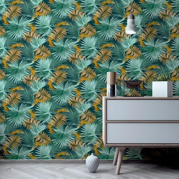 Santa Elena Leaf Teal and Orange Vinyl Wallpaper - 20.8 in. W x 33ft L - Double Roll
