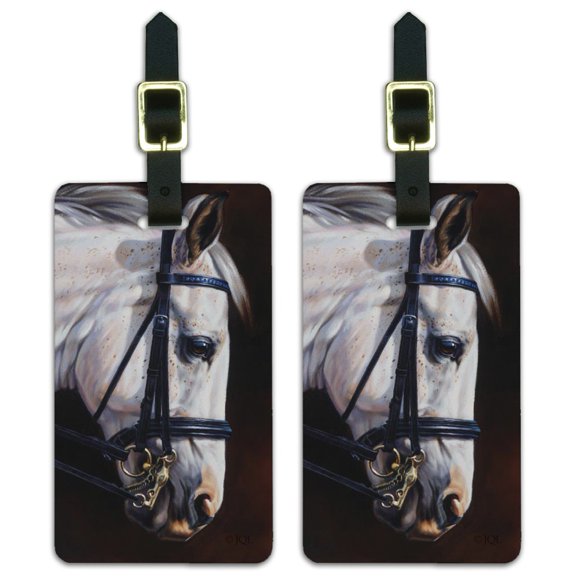 Beautiful White Horse Reins Tack Harness Luggage ID Tags Suitcase Carry-On Cards - Set of 2