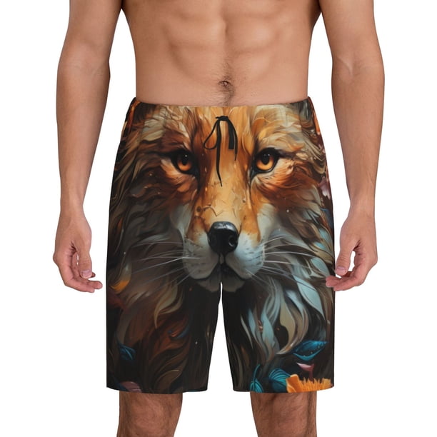 Balery Floral Fox Pantalones cortos de pijama de punto de algodón para hombre con cinturilla y bolsillos-X-Large