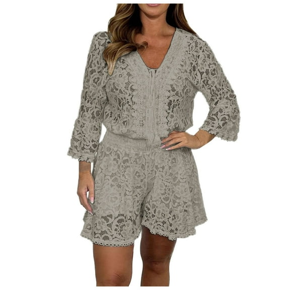 Curuila Womens Two Piece Set Lace V Neck Flared 3/4 Sleeves Top Shorts Solid Color Suits Elegant Fashion Casual Outfit Set Beige Size L