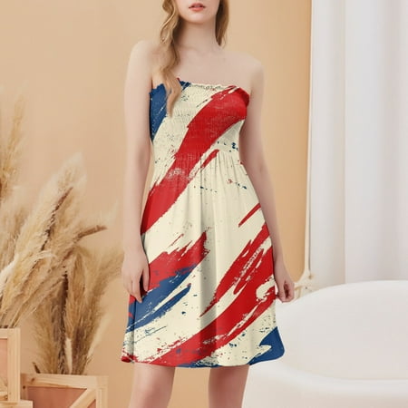 CHCNHAC Sundresses for Women 2025 4th Of July Trendy Dresses Patriotic Stars and Stripes Print Flowy Swing Strapless Classy Dress Hot Pink M