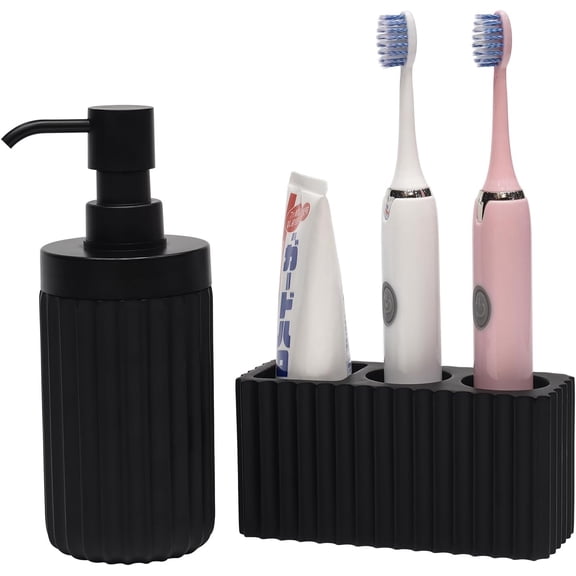 Bathroom Accessories Set with Large-Opening Ribbed Soap Dispenser and Compartment Toothbrush&Toothpaste Holder,Resin Farmhouse Bathroom Decor Set Countertop Organizer