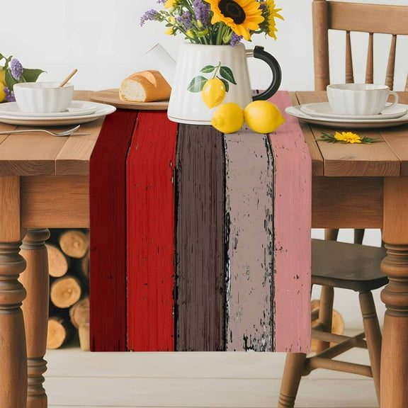 Vintage Red Brown Wood Grain Table Runner Dresser Scarf,Kitchen Dining Table Decoration Gradient Classic Stripe Linen Table Runners for Home Wedding Indoor Outdoor Party,13x70in