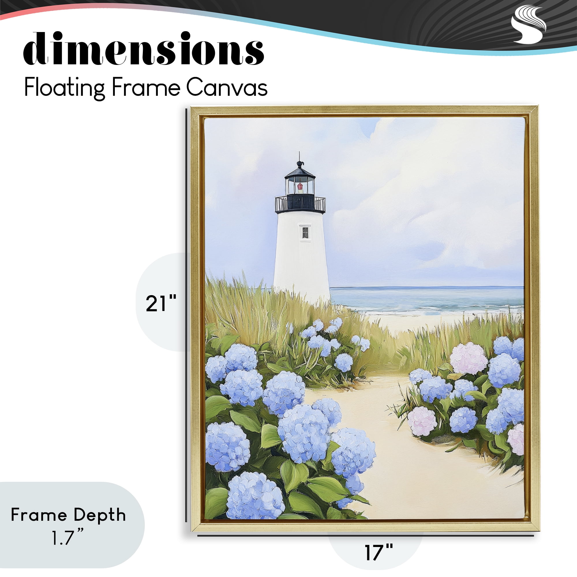 Stupell Industries Hydrangea Path Leading to Lighthouse Gold Framed Floater Canvas Wall Art, design by Sisi and Seb