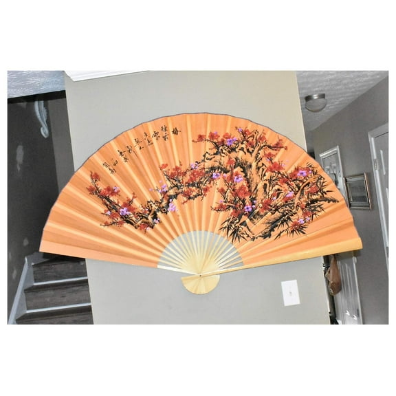 Large 60 X 35 Light Pumpkin Color Fan with White & Fuchsia Blossom Flowers on a Branch Hand Painted Oriental Hanging Wall Fan