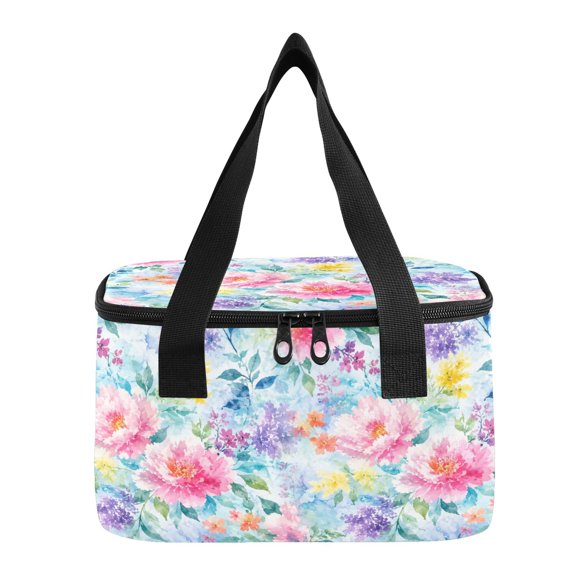 6L Insulated Lunch Bag Square Handheld Cooler Tote Pastel Floral Peony Pattern Reusable Thermal Bag with Polyester & Aluminum Lining for Work Picnic Travel
