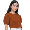 thumbnail image 3 of eloria Women's Casual Blouse Tops, Ruffle Puff Sleeve, Round-Neck Top Color: Maroon | Size: L, 3 of 6