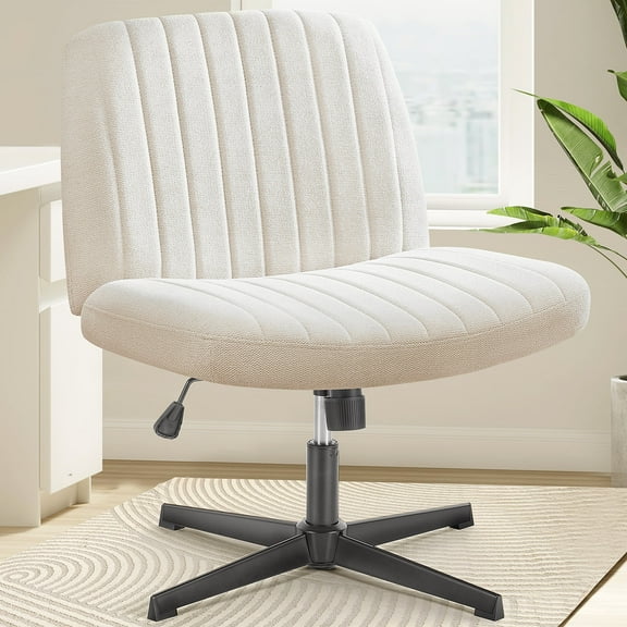 JIOABL Criss Cross Chair with Wheels,Wide Seat Ergonomic Desk Chair,U Shaped Backrest,Height Adjustable Armless Swivel Chair for Home Office,Vanity & Living Room,Linen Beige