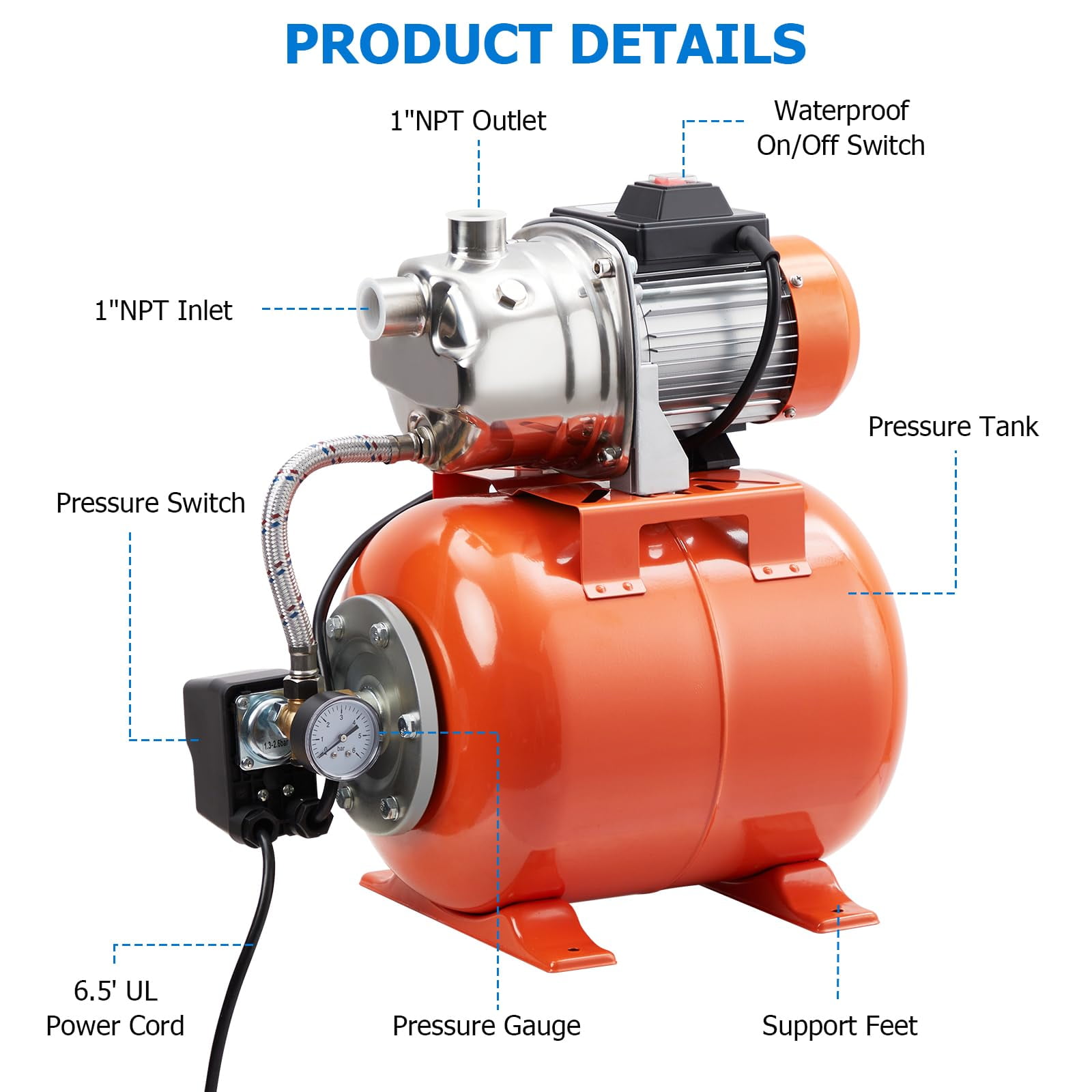 1HP Shallow Well Pump With Pressure Tank, 845 GPH Stainless Steel Shallow Well Jet Pump, 115 V Water Pump With Automatic Pressure Switch, Water Transfer Pumpfor Garden, Pool, Well, Irrigation