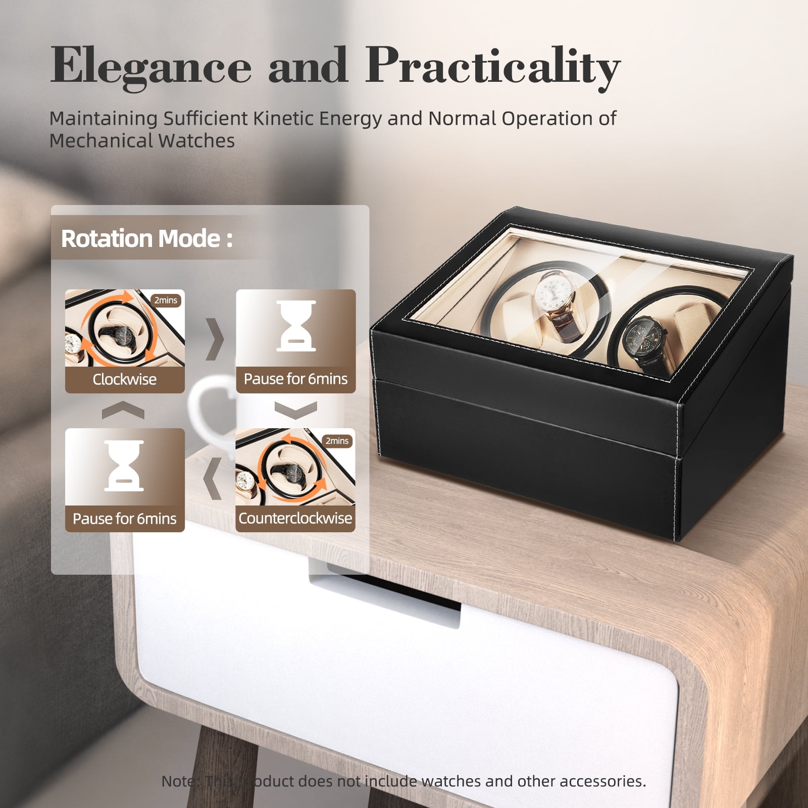 4+6 Automatic Rotation Watch Winder, Low Noise, Leather Storage Case Display Box for Gift 100-240V