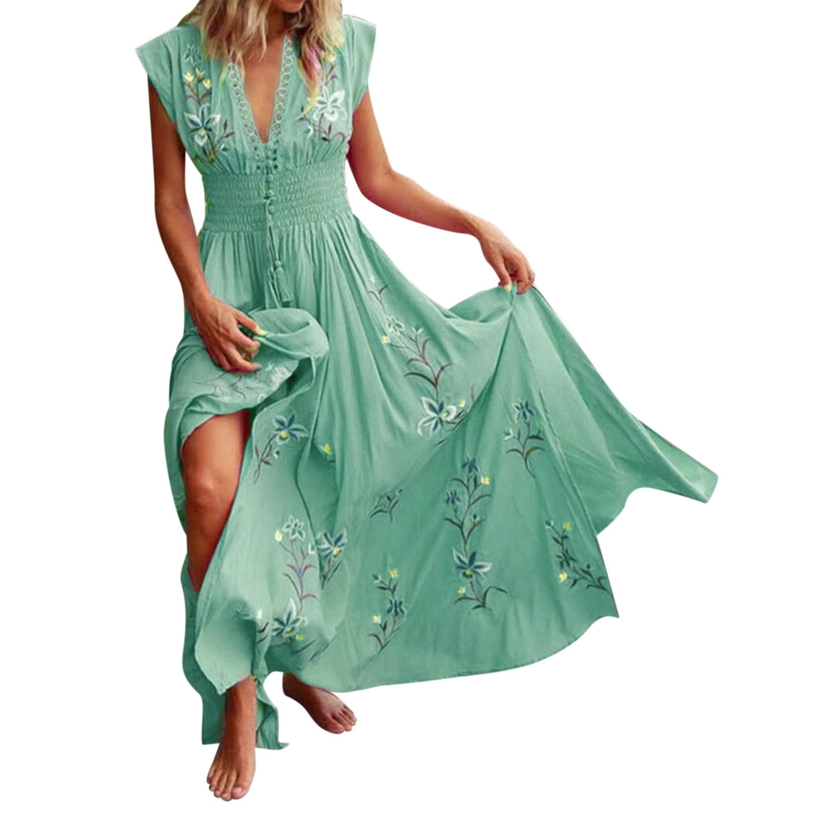 Fsqjgq Petite Maxi Dresses for Short Women Women V Neck Dress Short Sleeve Tummy Dresses Floral